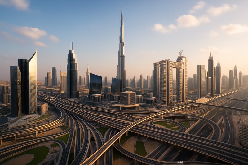 Dubai skyline with modern highways representing Paid Roads UAE services