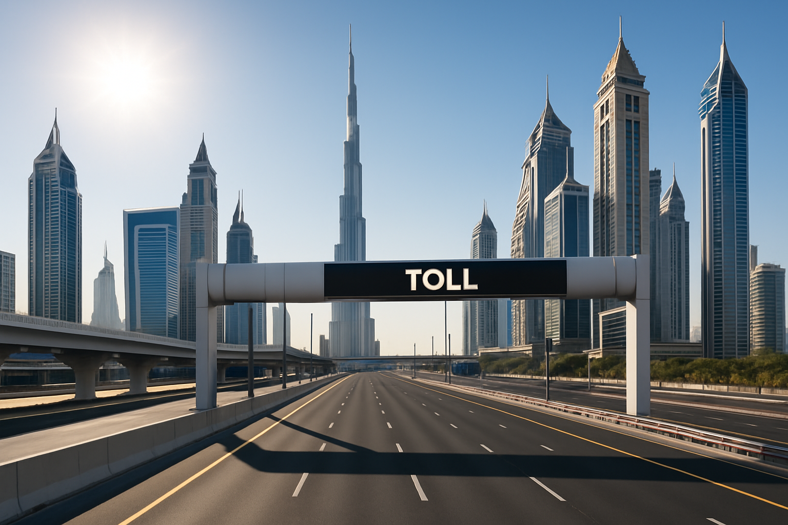 Dubai skyline with clear roads and digital toll infrastructure