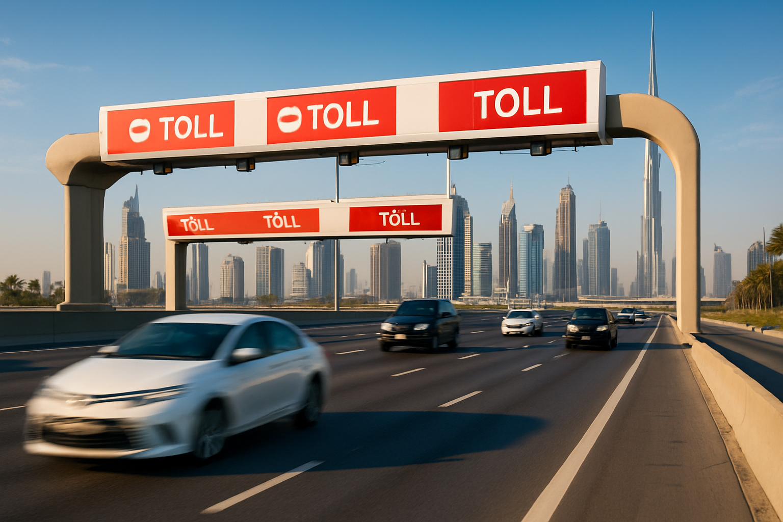 Modern toll road in Dubai with fast-moving vehicles